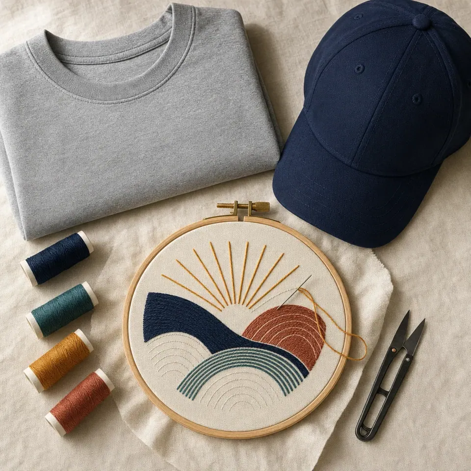 Embroidery hoop, thread, a cotton T-shirt and a navy cap