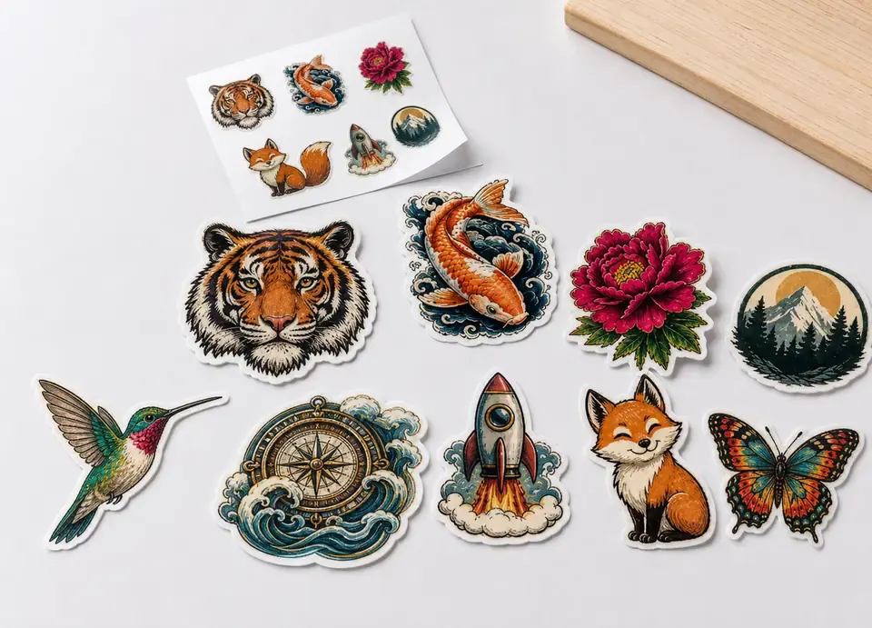 Colourful illustrated die-cut stickers